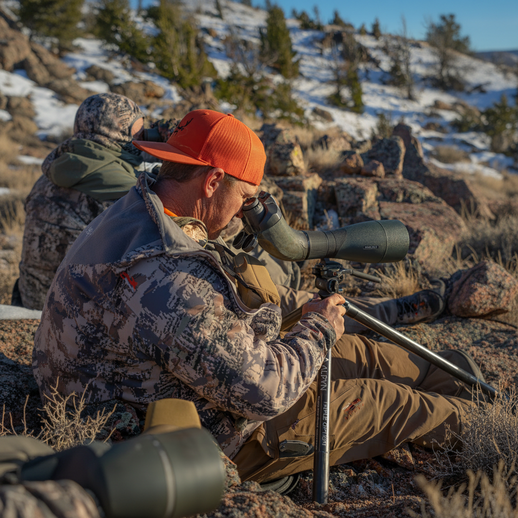 Hunter glassing with Alpyn Triple Option Tripod in alpine wilderness